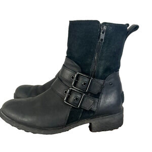 UGG Boot Womens 8.5 Wilde Black Leather Waterproof Double Buckle Moto Side Zip